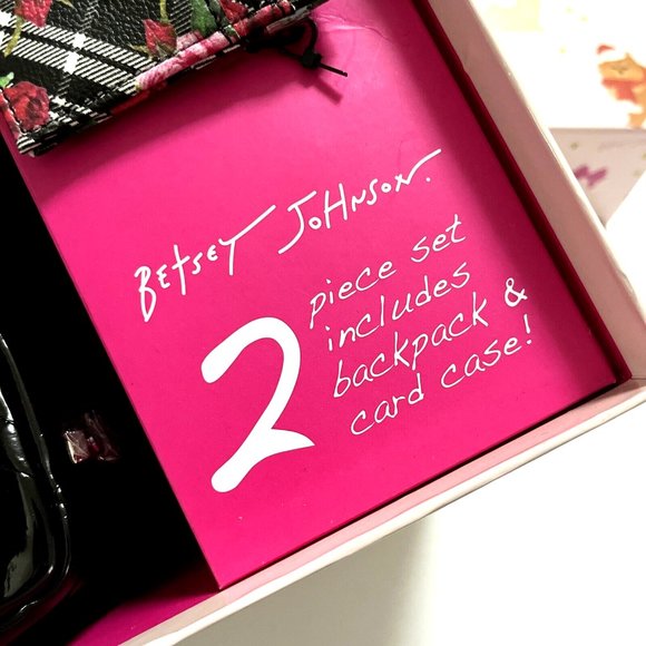 NWT Betsey Johnson 2pc Black Patent Cat Backpack & Floral Card Case Gift Set - Picture 3 of 8